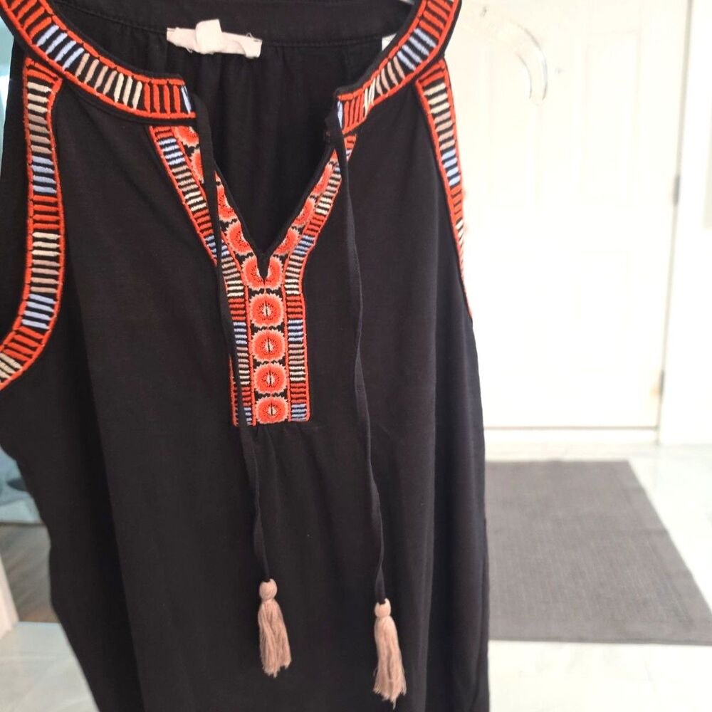 THML Boho Embroidered Halter Neck Top Black Orange Geometric Tassels Size S